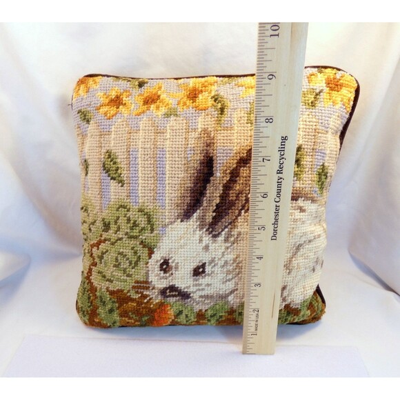 Vintage Needlepoint Pillow Handmade Bunny Rabbit in a Garden Easter Bunny - Picture 5 of 5